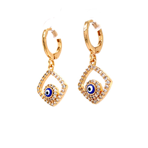 A pair of Blue Evil Eye Zirconia stones Dangle huggies Earrings Rose gold filled with diamonds.
